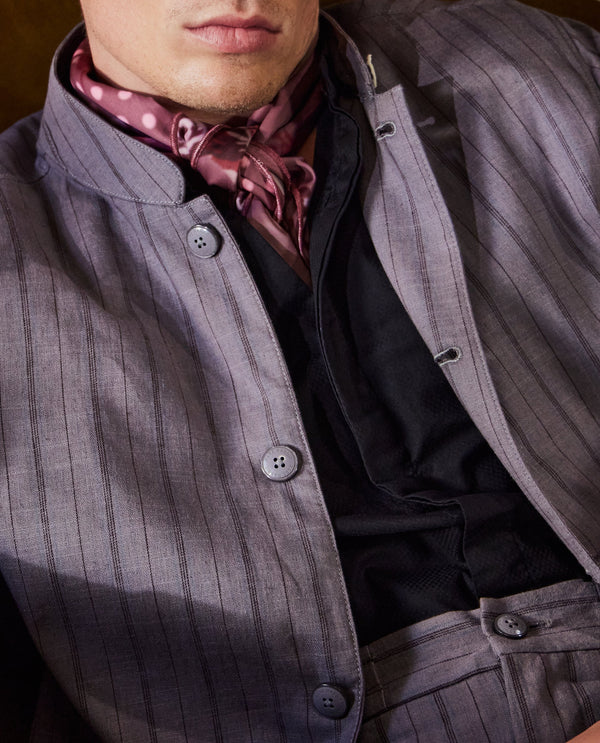 Rare Rabbit Men Miler Dusky Purple Cotton Linen Fabric Full Sleeve Mandarin Collar Twill Striped Jacket