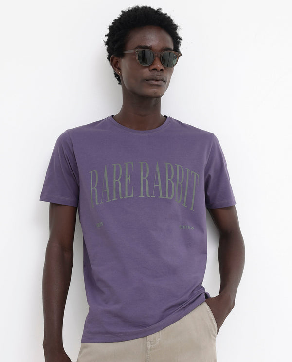 Rare Rabbit Mens Tage Dusky Purple Cotton Lycra Fabric Half Sleeves Graphic Print T-Shirt