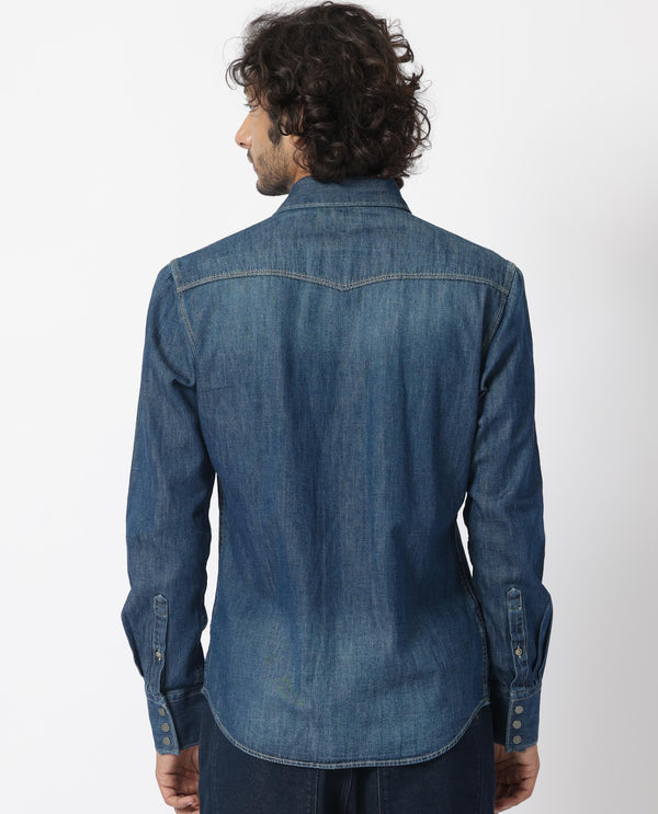 Rare Rabbit Men's Taison Dark Blue Cotton Fabric Full Sleeves Denim Shirt
