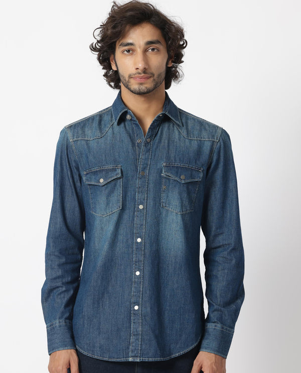 Rare Rabbit Men's Taison Dark Blue Cotton Fabric Full Sleeves Denim Shirt