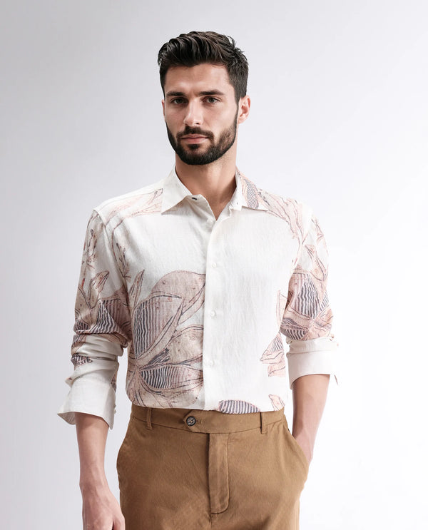 Rare Rabbit Men Taks White Viscose Blend Fabric Full Sleeve Collared Neck Floral Print Shirt