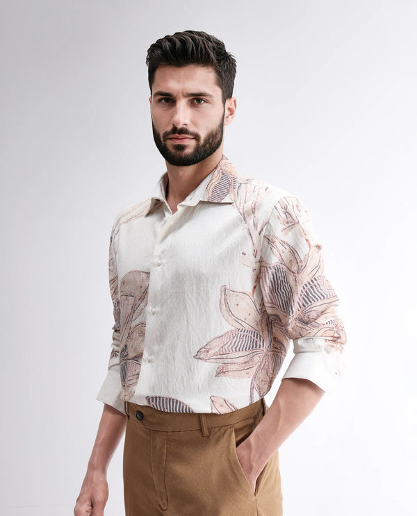 Rare Rabbit Men Taks White Viscose Blend Fabric Full Sleeve Collared Neck Floral Print Shirt