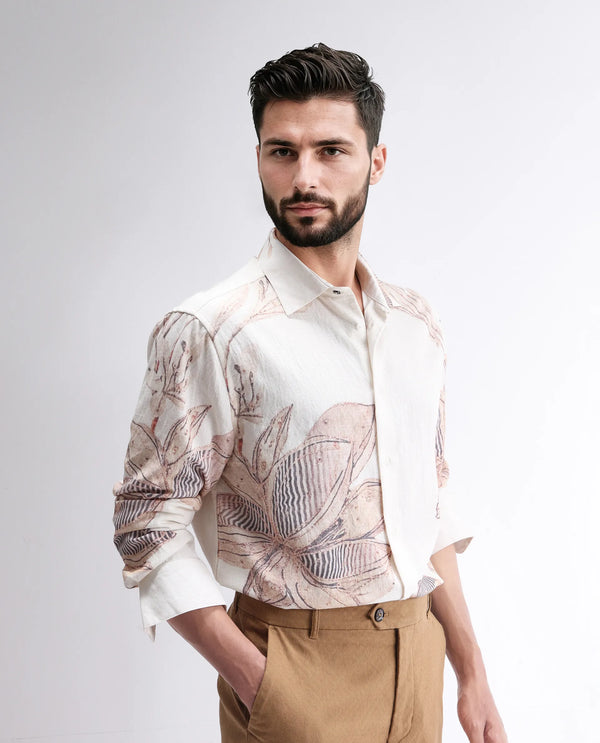 Rare Rabbit Men Taks White Viscose Blend Fabric Full Sleeve Collared Neck Floral Print Shirt