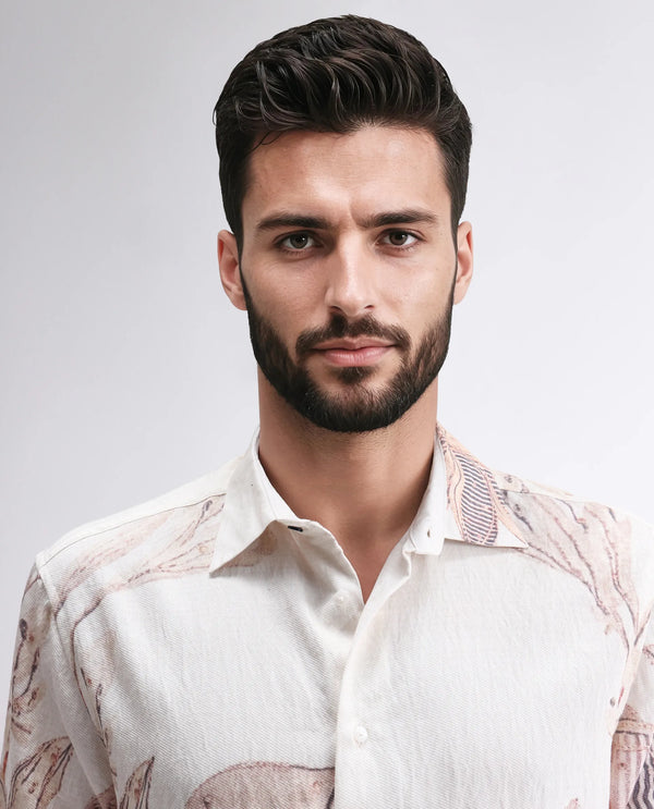 Rare Rabbit Men Taks White Viscose Blend Fabric Full Sleeve Collared Neck Floral Print Shirt