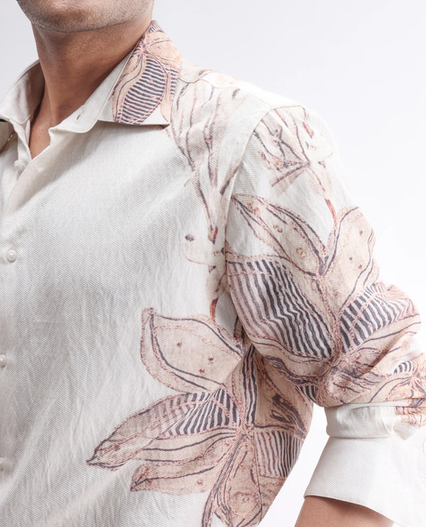 Rare Rabbit Men Taks White Viscose Blend Fabric Full Sleeve Collared Neck Floral Print Shirt