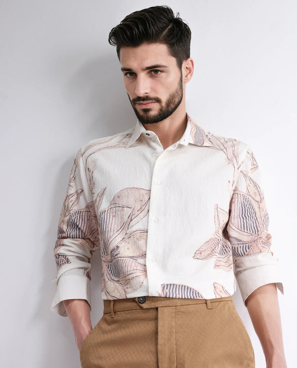 Rare Rabbit Men Taks White Viscose Blend Fabric Full Sleeve Collared Neck Floral Print Shirt