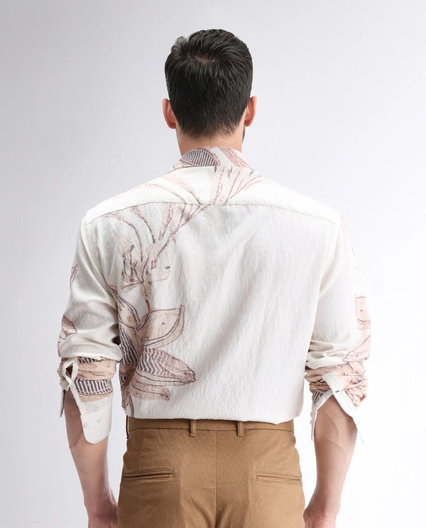 Rare Rabbit Men Taks White Viscose Blend Fabric Full Sleeve Collared Neck Floral Print Shirt