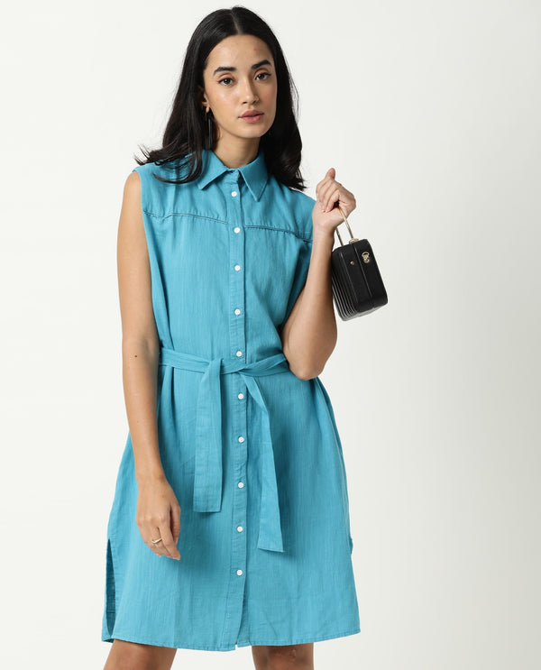 Rareism Women Zolaa Blue Shirt Collar Front Packet With Buttons Fabric Waist Belt And Side Slit Knee Length Dress