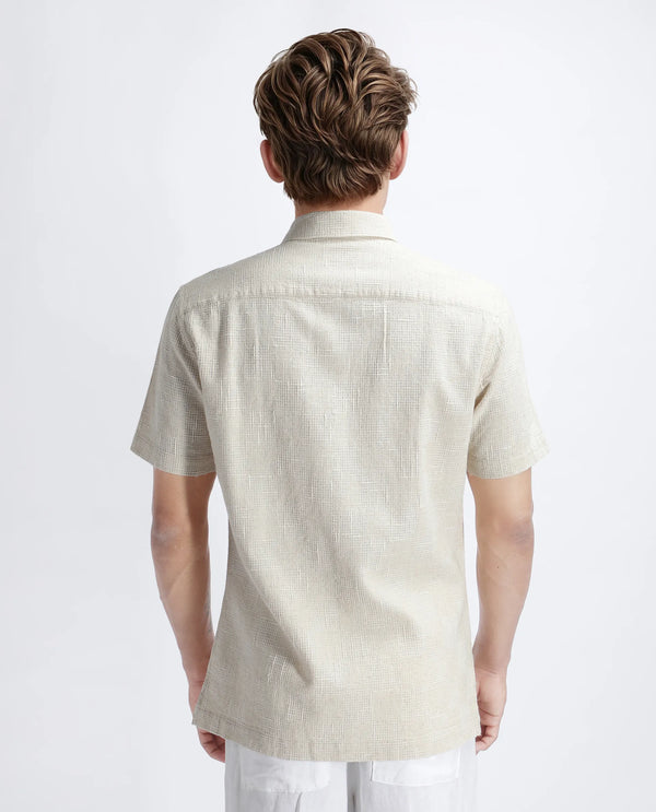 Rare Rabbit Men's Tana Beige Cotton Fabric Short Sleeve Collared Neck Button Closure Texture Shirt