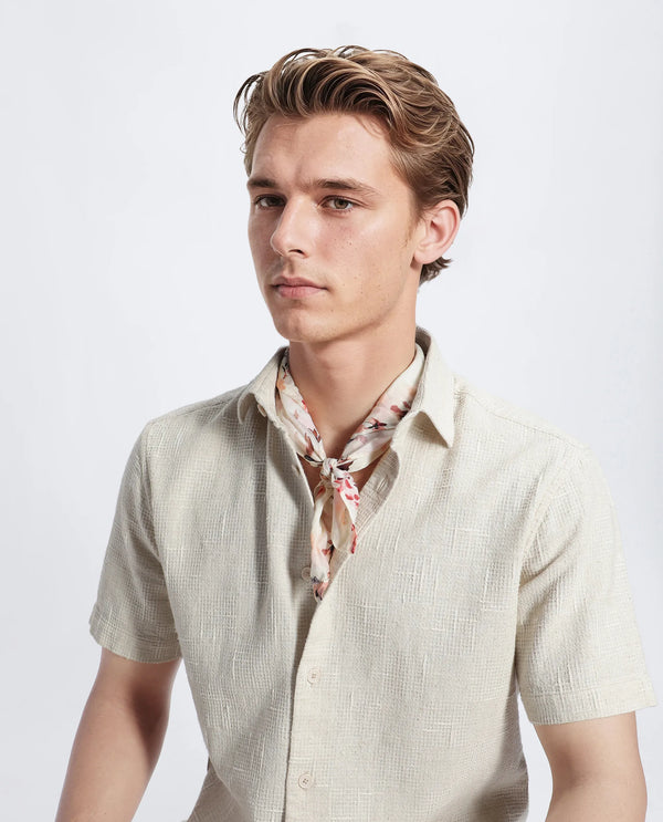 Rare Rabbit Men's Tana Beige Cotton Fabric Short Sleeve Collared Neck Button Closure Texture Shirt