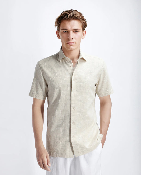 Rare Rabbit Men's Tana Beige Cotton Fabric Short Sleeve Collared Neck Button Closure Texture Shirt