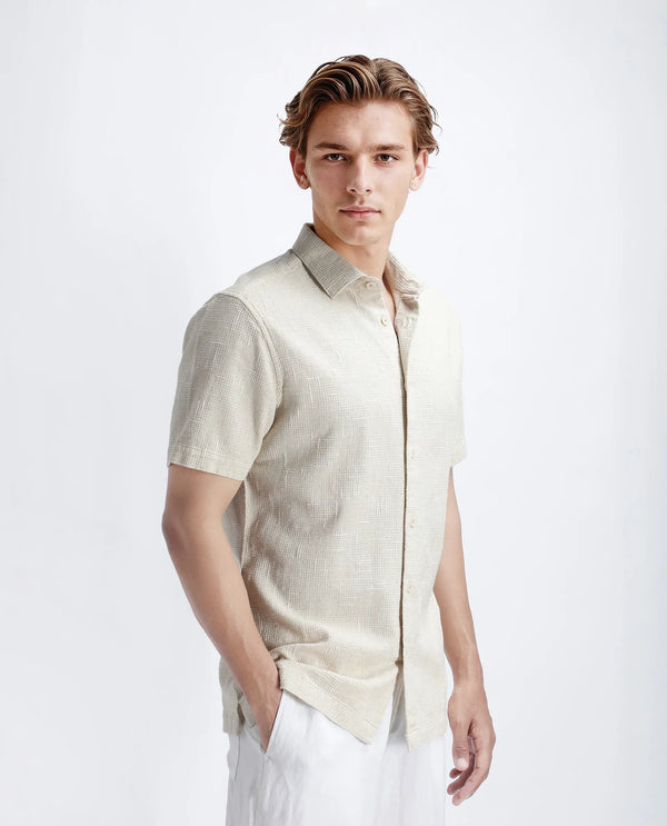 Rare Rabbit Men's Tana Beige Cotton Fabric Short Sleeve Collared Neck Button Closure Texture Shirt