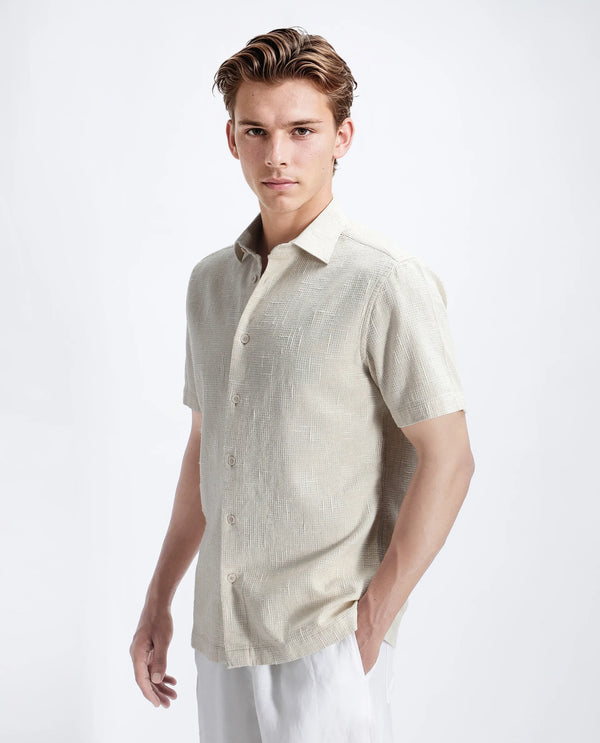 Rare Rabbit Men's Tana Beige Cotton Fabric Short Sleeve Collared Neck Button Closure Texture Shirt
