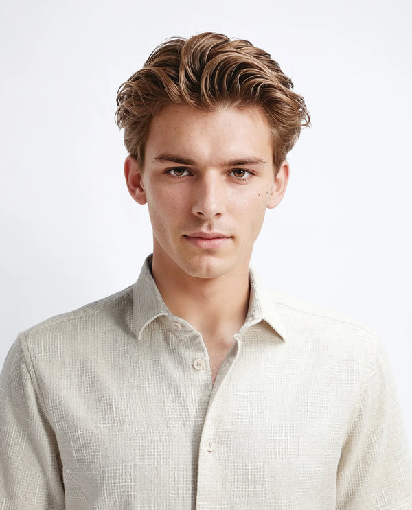 Rare Rabbit Men's Tana Beige Cotton Fabric Short Sleeve Collared Neck Button Closure Texture Shirt