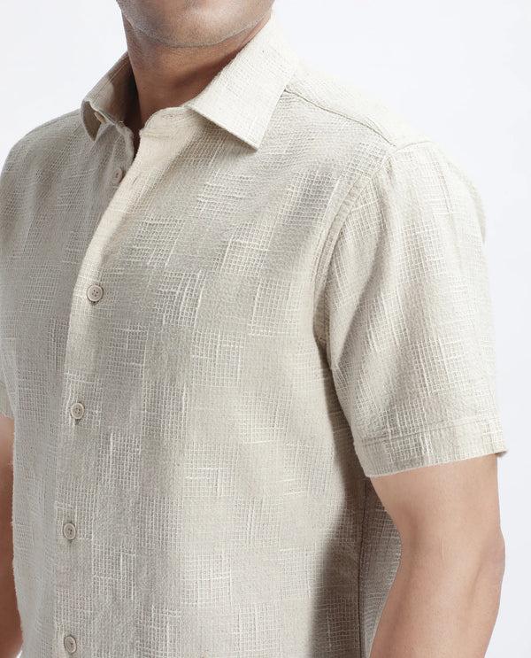Rare Rabbit Men's Tana Beige Cotton Fabric Short Sleeve Collared Neck Button Closure Texture Shirt