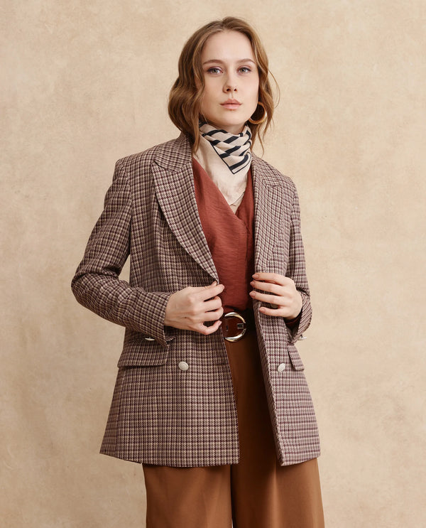 Rareism Women Tanbi Brown Full Sleeves Lapel Neck Button Closure Woven Design Blazer
