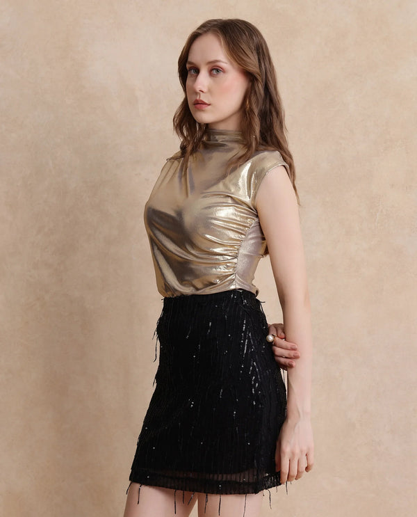 Rareism Women Tangui Metallic Gold Polyester Fabric Sleeveless High Neck Fitted Plain Top
