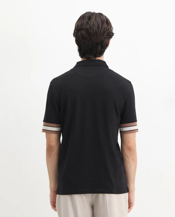 Rare Rabbit Men Tao Black Cotton Pique Fabric Short Sleeve Regular Fit Logo Chest Badge Contrasting Sleeve Plain Polo
