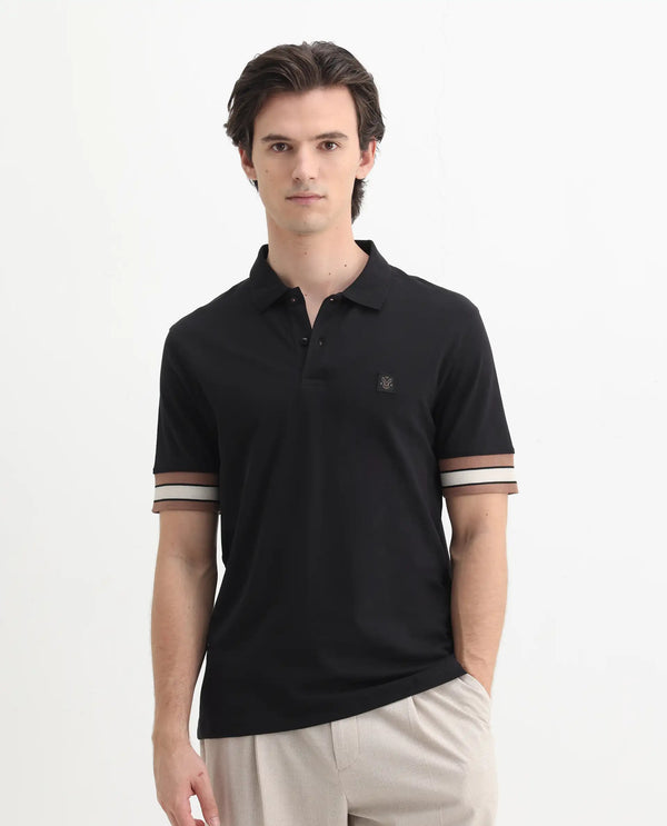 Rare Rabbit Men Tao Black Cotton Pique Fabric Short Sleeve Regular Fit Logo Chest Badge Contrasting Sleeve Plain Polo