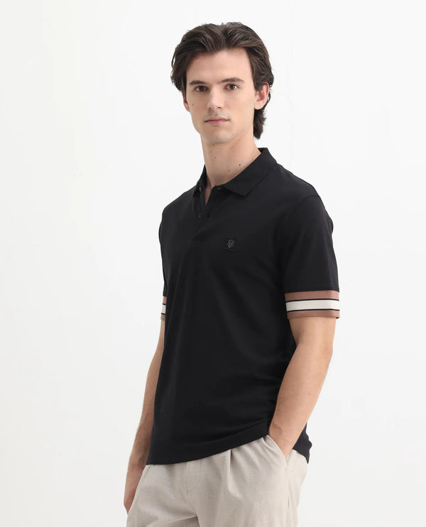 Rare Rabbit Men Tao Black Cotton Pique Fabric Short Sleeve Regular Fit Logo Chest Badge Contrasting Sleeve Plain Polo