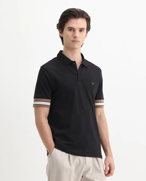 Rare Rabbit Men Tao Black Cotton Pique Fabric Short Sleeve Regular Fit Logo Chest Badge Contrasting Sleeve Plain Polo