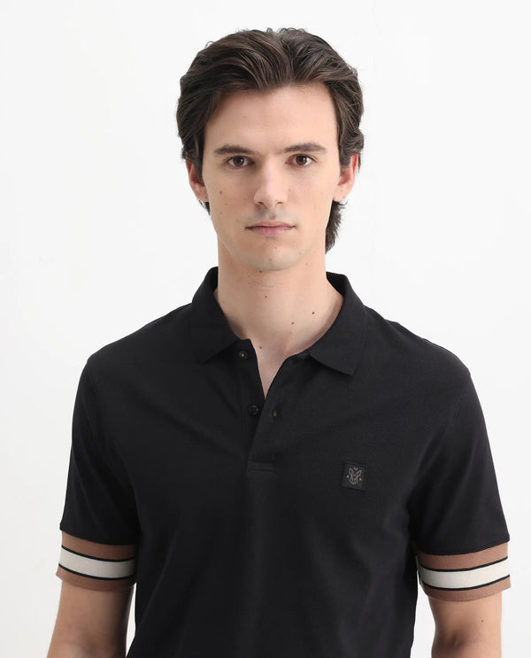 Rare Rabbit Men Tao Black Cotton Pique Fabric Short Sleeve Regular Fit Logo Chest Badge Contrasting Sleeve Plain Polo