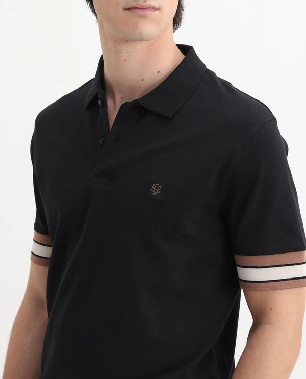 Rare Rabbit Men Tao Black Cotton Pique Fabric Short Sleeve Regular Fit Logo Chest Badge Contrasting Sleeve Plain Polo