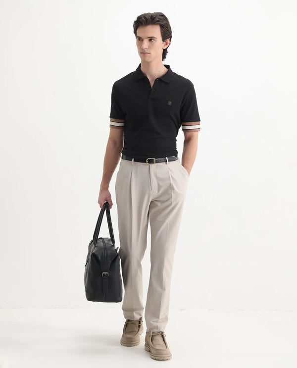 Rare Rabbit Men Tao Black Cotton Pique Fabric Short Sleeve Regular Fit Logo Chest Badge Contrasting Sleeve Plain Polo