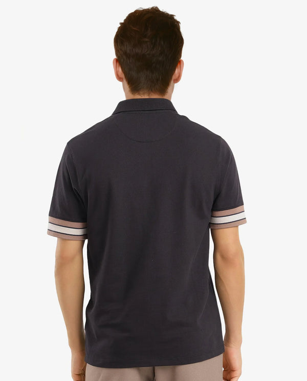 Rare Rabbit Men Tao Black Cotton Pique Fabric Short Sleeve Regular Fit Logo Chest Badge Contrasting Sleeve Plain Polo