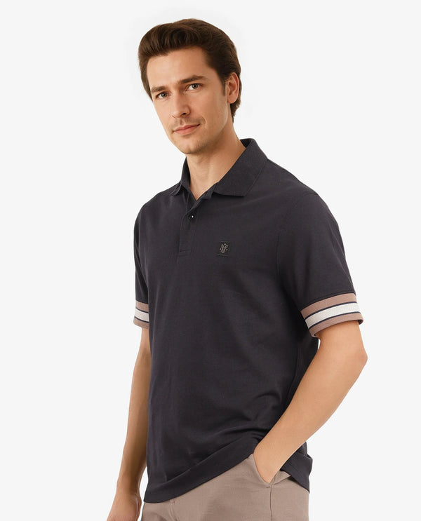 Rare Rabbit Men Tao Black Cotton Pique Fabric Short Sleeve Regular Fit Logo Chest Badge Contrasting Sleeve Plain Polo