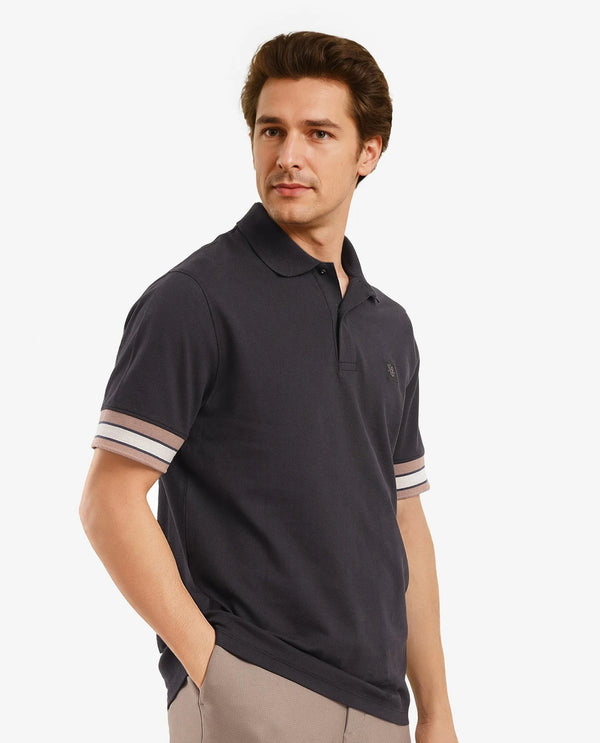 Rare Rabbit Men Tao Black Cotton Pique Fabric Short Sleeve Regular Fit Logo Chest Badge Contrasting Sleeve Plain Polo