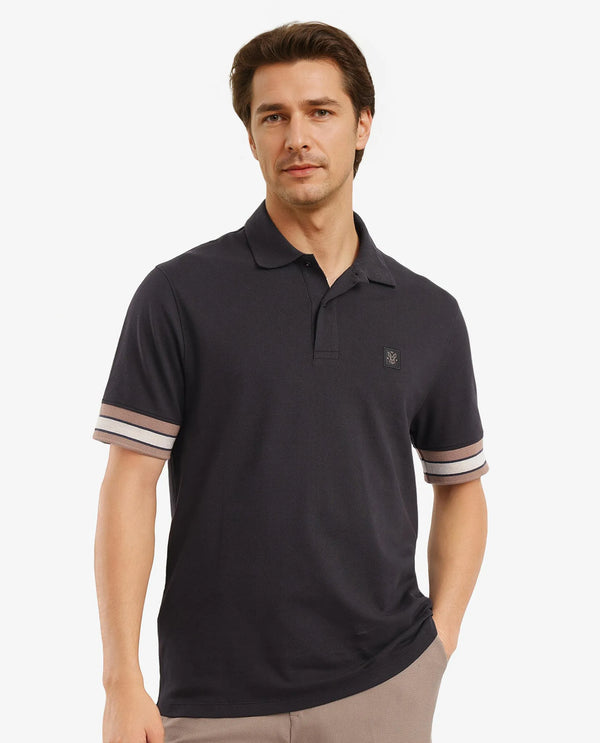 Rare Rabbit Men Tao Black Cotton Pique Fabric Short Sleeve Regular Fit Logo Chest Badge Contrasting Sleeve Plain Polo