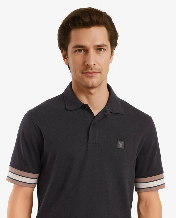 Rare Rabbit Men Tao Black Cotton Pique Fabric Short Sleeve Regular Fit Logo Chest Badge Contrasting Sleeve Plain Polo