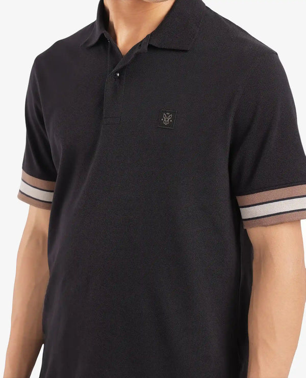 Rare Rabbit Men Tao Black Cotton Pique Fabric Short Sleeve Regular Fit Logo Chest Badge Contrasting Sleeve Plain Polo