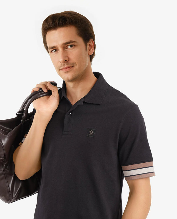Rare Rabbit Men Tao Black Cotton Pique Fabric Short Sleeve Regular Fit Logo Chest Badge Contrasting Sleeve Plain Polo