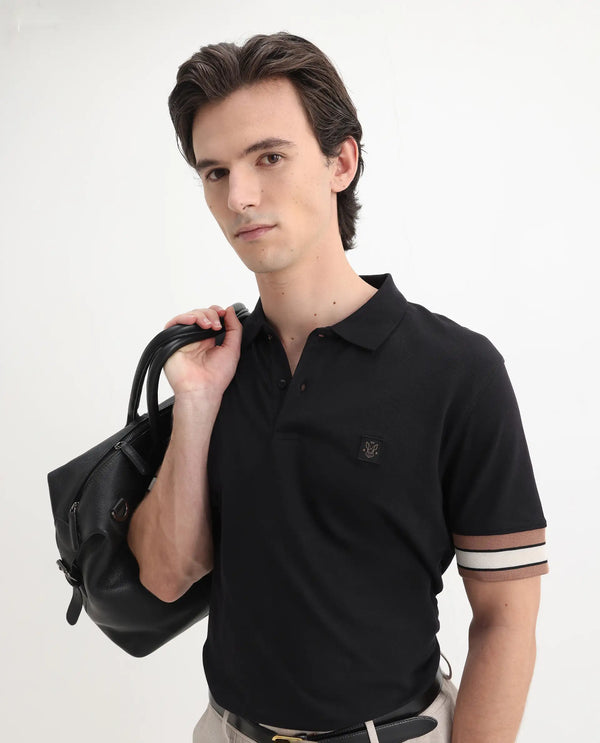 Rare Rabbit Men Tao Black Cotton Pique Fabric Short Sleeve Regular Fit Logo Chest Badge Contrasting Sleeve Plain Polo