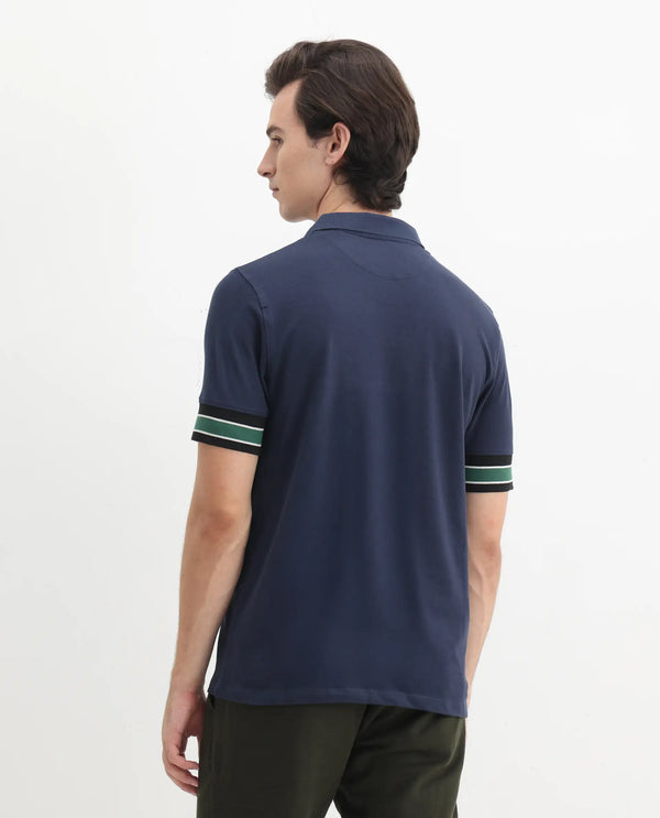 Rare Rabbit Men Tao Dark Blue Cotton Pique Fabric Short Sleeve Regular Fit Logo Chest Badge Contrasting Sleeve Plain Polo