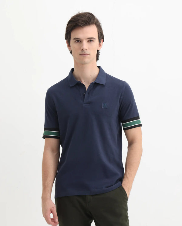 Rare Rabbit Men Tao Dark Blue Cotton Pique Fabric Short Sleeve Regular Fit Logo Chest Badge Contrasting Sleeve Plain Polo