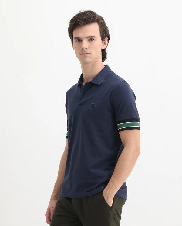 Rare Rabbit Men Tao Dark Blue Cotton Pique Fabric Short Sleeve Regular Fit Logo Chest Badge Contrasting Sleeve Plain Polo