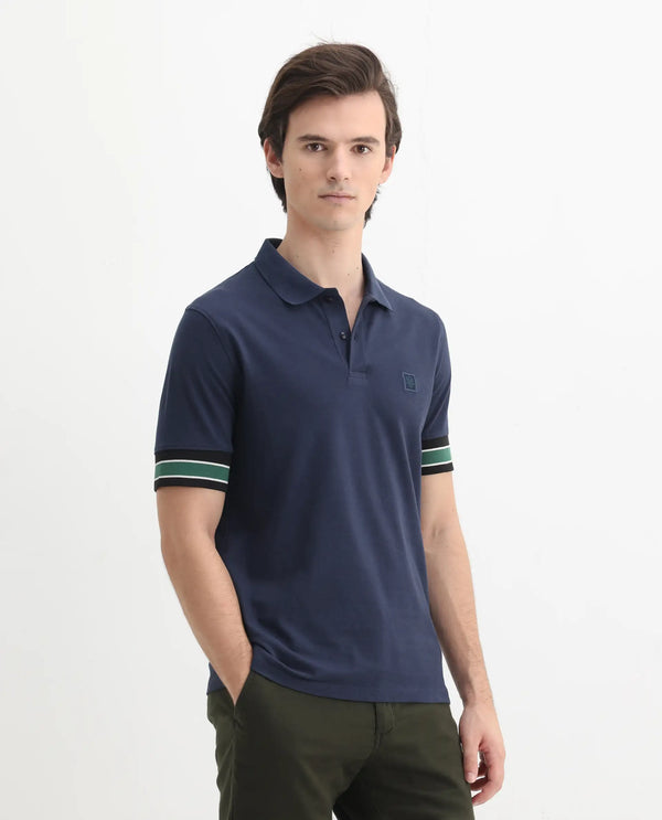 Rare Rabbit Men Tao Dark Blue Cotton Pique Fabric Short Sleeve Regular Fit Logo Chest Badge Contrasting Sleeve Plain Polo