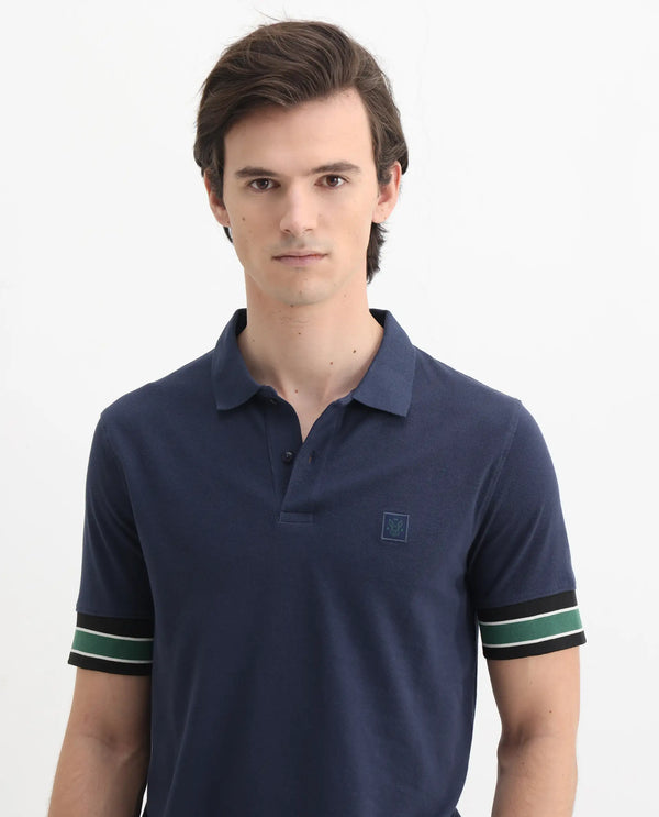 Rare Rabbit Men Tao Dark Blue Cotton Pique Fabric Short Sleeve Regular Fit Logo Chest Badge Contrasting Sleeve Plain Polo