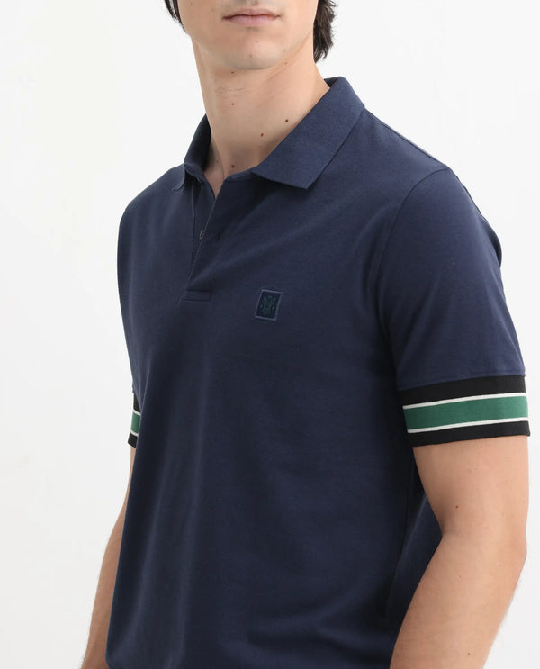 Rare Rabbit Men Tao Dark Blue Cotton Pique Fabric Short Sleeve Regular Fit Logo Chest Badge Contrasting Sleeve Plain Polo