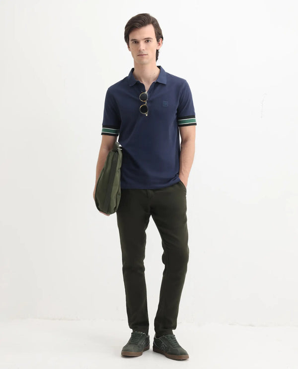 Rare Rabbit Men Tao Dark Blue Cotton Pique Fabric Short Sleeve Regular Fit Logo Chest Badge Contrasting Sleeve Plain Polo