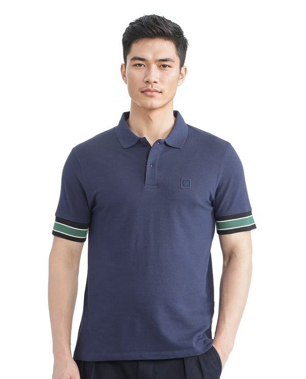 Rare Rabbit Men Tao Dark Blue Cotton Pique Fabric Short Sleeve Regular Fit Logo Chest Badge Contrasting Sleeve Plain Polo