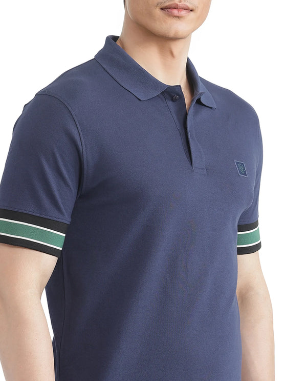 Rare Rabbit Men Tao Dark Blue Cotton Pique Fabric Short Sleeve Regular Fit Logo Chest Badge Contrasting Sleeve Plain Polo