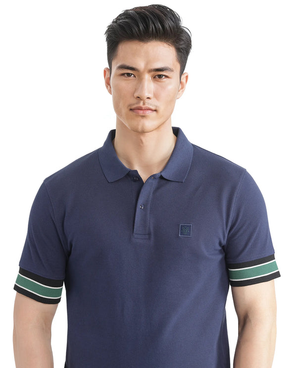 Rare Rabbit Men Tao Dark Blue Cotton Pique Fabric Short Sleeve Regular Fit Logo Chest Badge Contrasting Sleeve Plain Polo