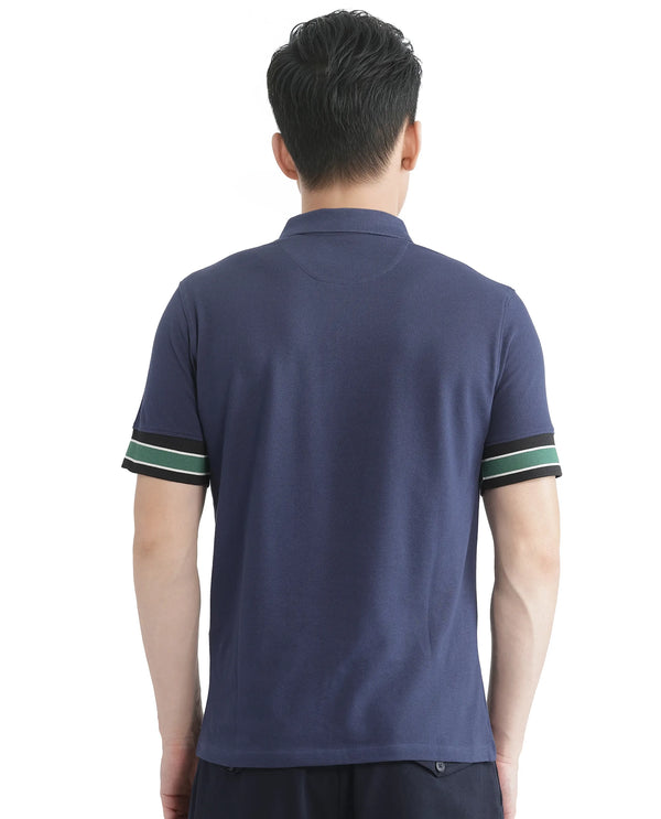 Rare Rabbit Men Tao Dark Blue Cotton Pique Fabric Short Sleeve Regular Fit Logo Chest Badge Contrasting Sleeve Plain Polo
