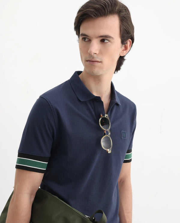 Rare Rabbit Men Tao Dark Blue Cotton Pique Fabric Short Sleeve Regular Fit Logo Chest Badge Contrasting Sleeve Plain Polo
