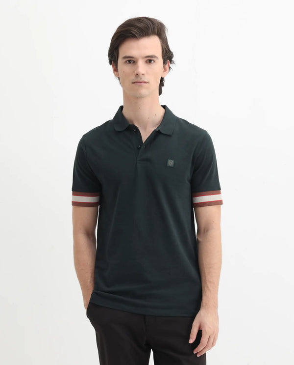 Rare Rabbit Men Tao Green Cotton Pique Fabric Short Sleeve Regular Fit Logo Chest Badge Contrasting Sleeve Plain Polo