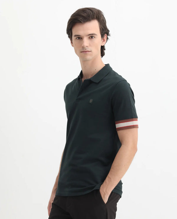 Rare Rabbit Men Tao Green Cotton Pique Fabric Short Sleeve Regular Fit Logo Chest Badge Contrasting Sleeve Plain Polo